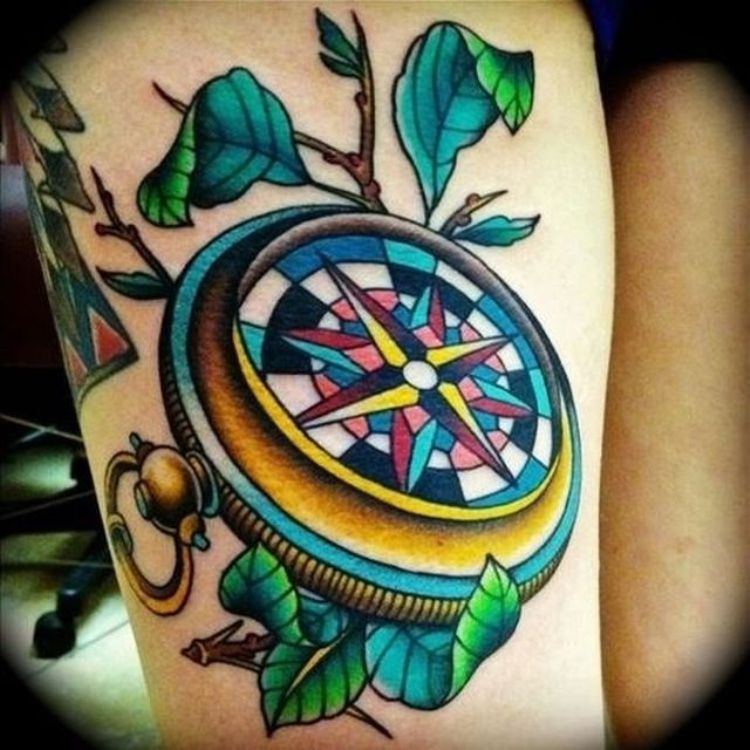 Colored Feminine Compass Tattoo On Right Thigh