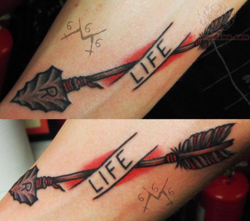 Colorful Arrow Ripped Skin With Life Tattoo Design