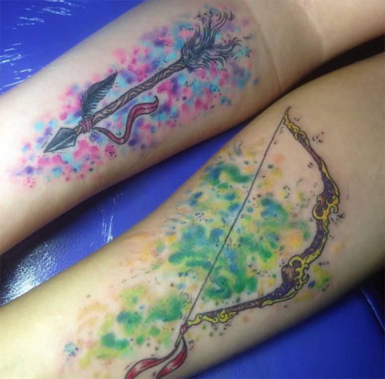 Colorful Bow And Arrow Tattoos On Forearms