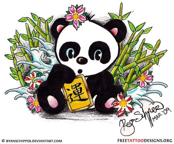 Colorful Cute Baby Panda With Bamboos Tattoo Design
