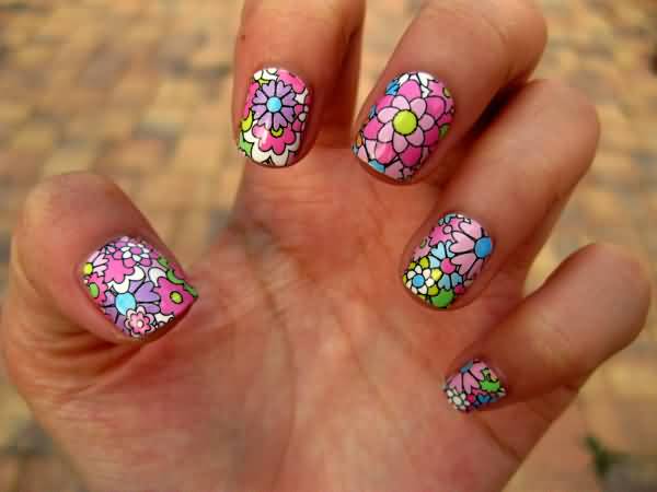 Colorful Flowers Nail Art Design