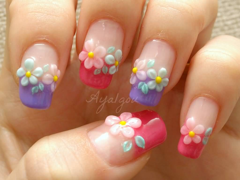 Colorful French Tip With 3d Flower Nail Art