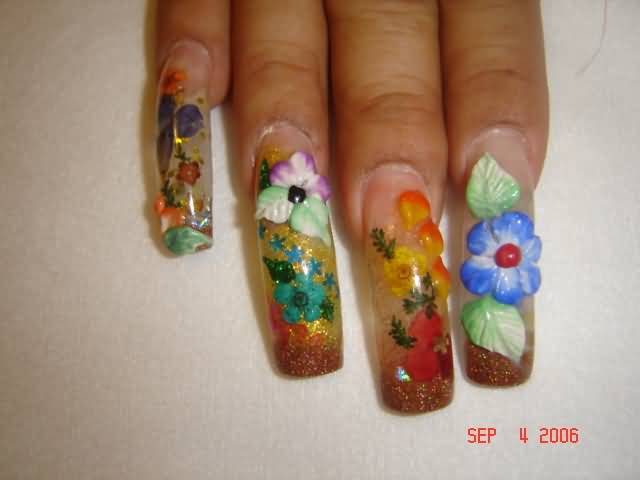 Colorful Glitter Nails With 3d Flowers Nail Design