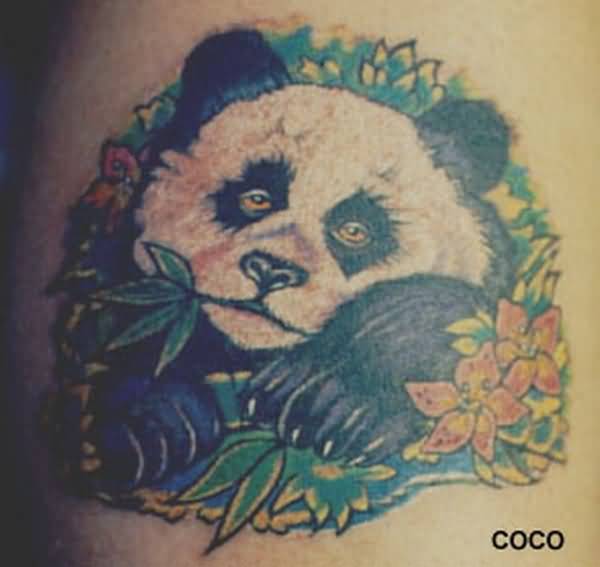Colorful Lazy Panda Eating Bamboo Leaves Tattoo