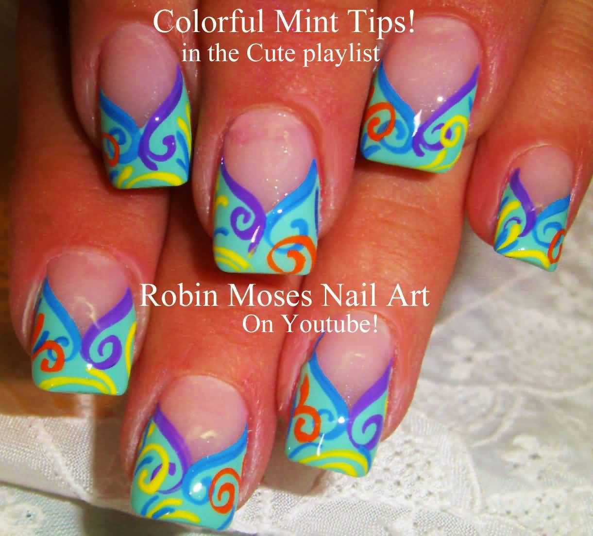 Colorful Mint French Tip Nail Art Design