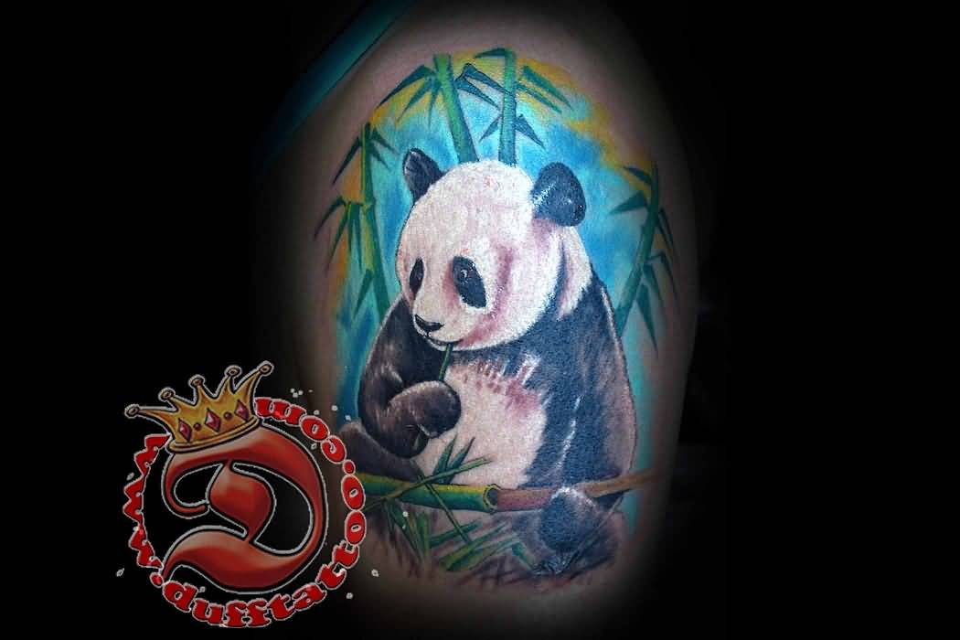 Colorful Panda Eating Bamboos Tattoo
