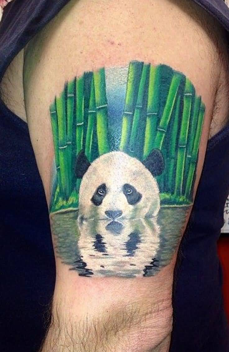 Colorful Panda Face Reflected In Water With Bamboos Tattoo On Half Sleeve