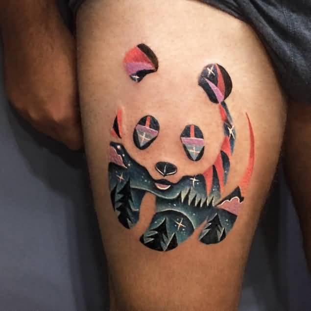 Colorful Panda Face Tattoo On Thigh