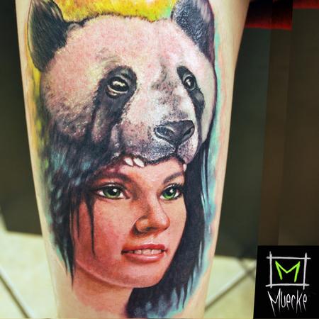 Colorful Panda Head Girl Tattoo On Arm Sleeve