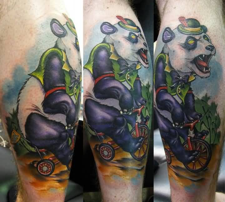 Colorful Panda Riding Bicycle Tattoo On Forearm