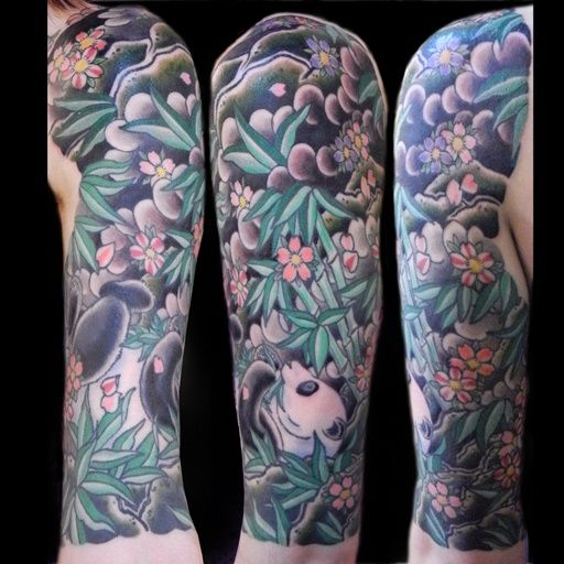Colorful Panda With Bamboos And Colorful Flowers Tattoo On Half Sleeve