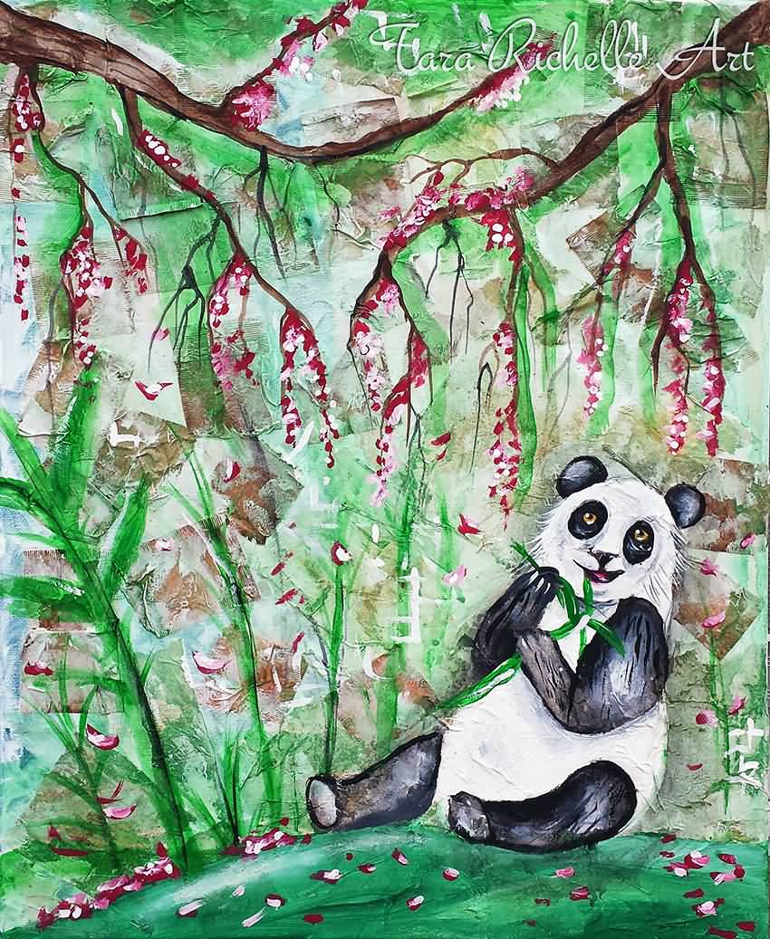 Colorful Panda With Bamboos And Tree Branches Tattoo Painting