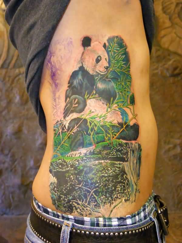 Colorful Panda With Bamboos Tattoo By Asussman