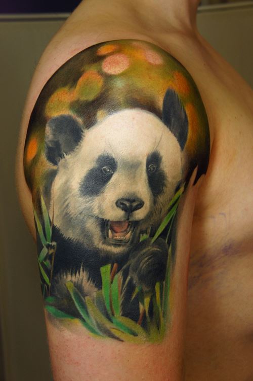 Colorful Panda With Bamboos Tattoo On Right Shoulder