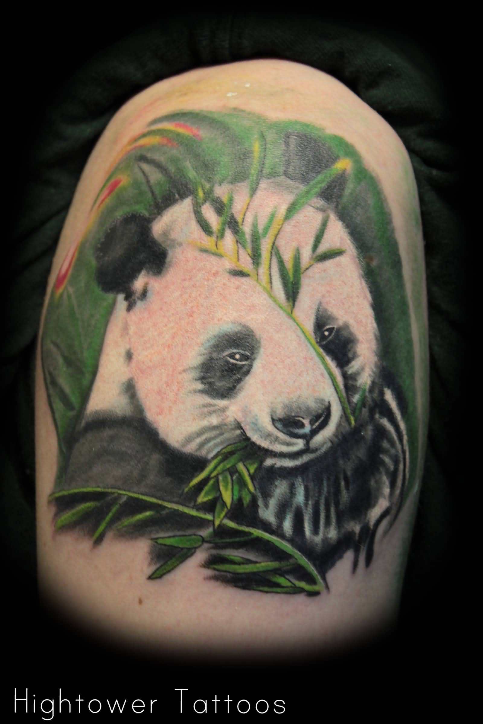Colorful Panda With Bamboos Tattoo