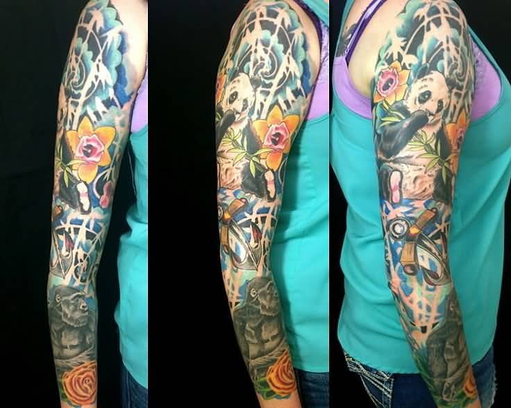 Colorful Panda With Gorilla And Bamboo Tattoo On Full Sleeve