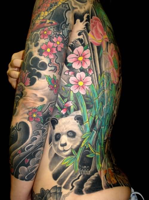 Colorful Realistic Panda With Bamboos And Flowers Tattoo On Back And Half Sleeve