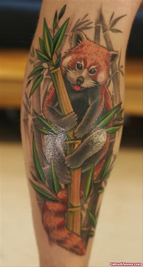 Colorful Red Panda Climbing Tree Tattoo On Arm Sleeve