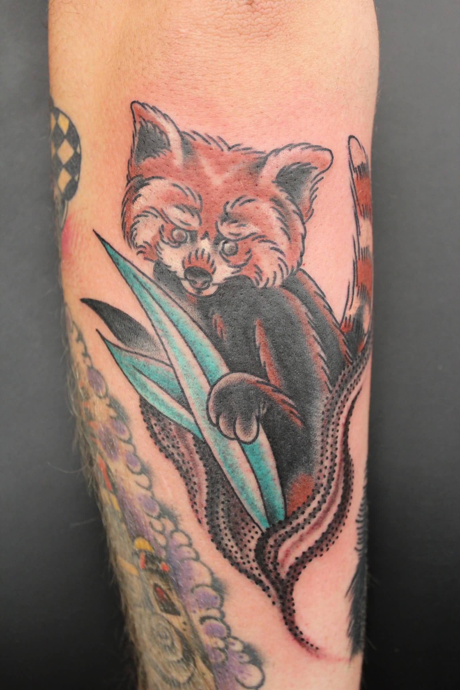 Colorful Red Panda Tattoo On Arm Sleeve