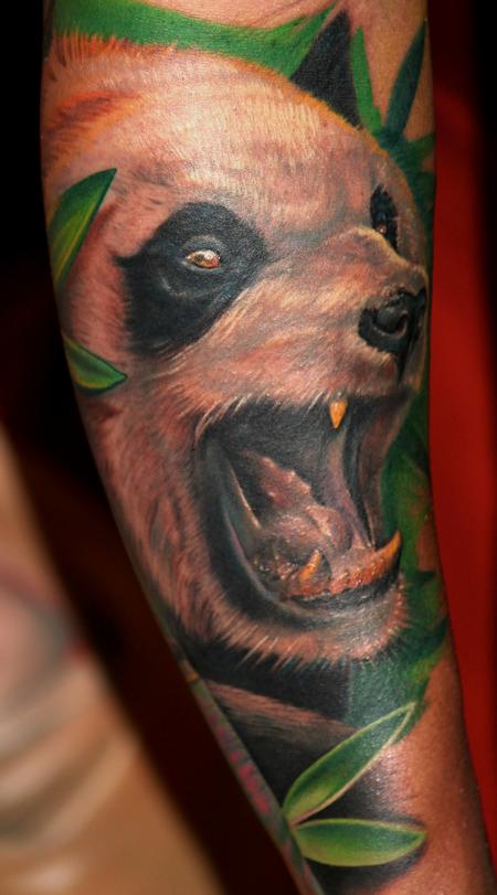 Colorful Roaring Panda Face With Bamboos Tattoo On Forearm