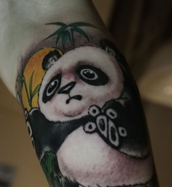 Colorful Scared Baby Panda With Bamboos Tattoo On Forearm