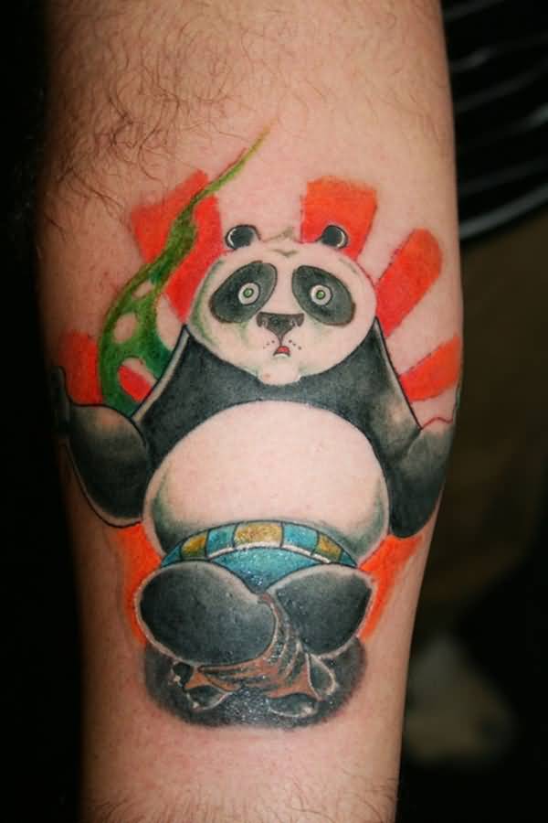 Colorful Shocked Po Kung Fu Panda Tattoo On Forearm
