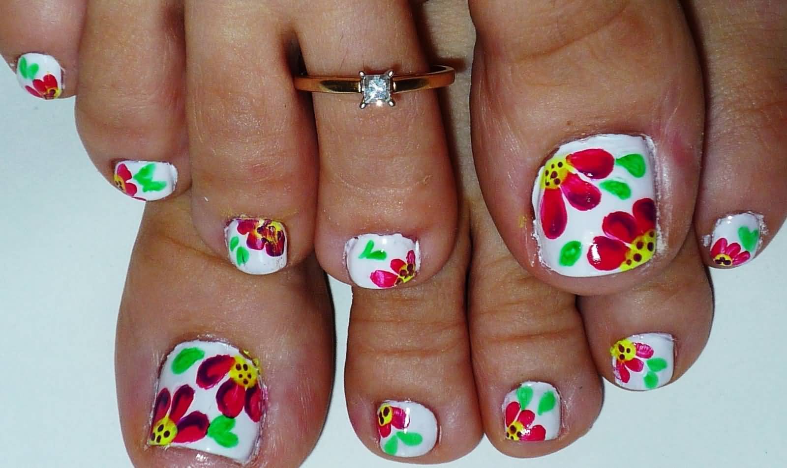 Colorful Summer Flowers Toe Nail Art Design