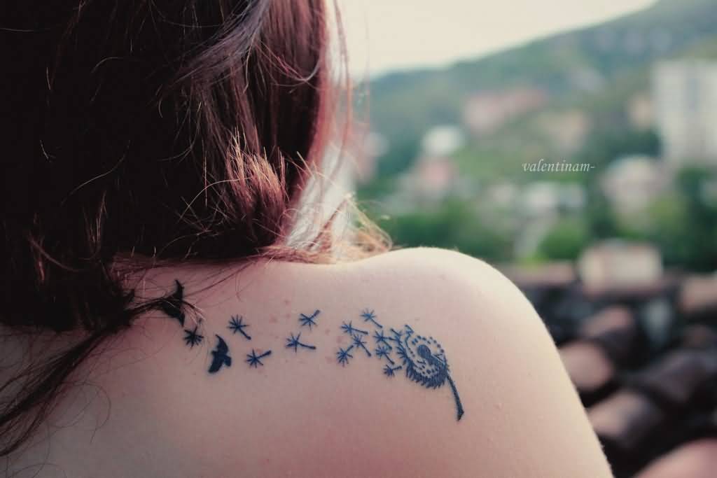 Cool Dandelion With Birds Tattoo On Right Shoulder