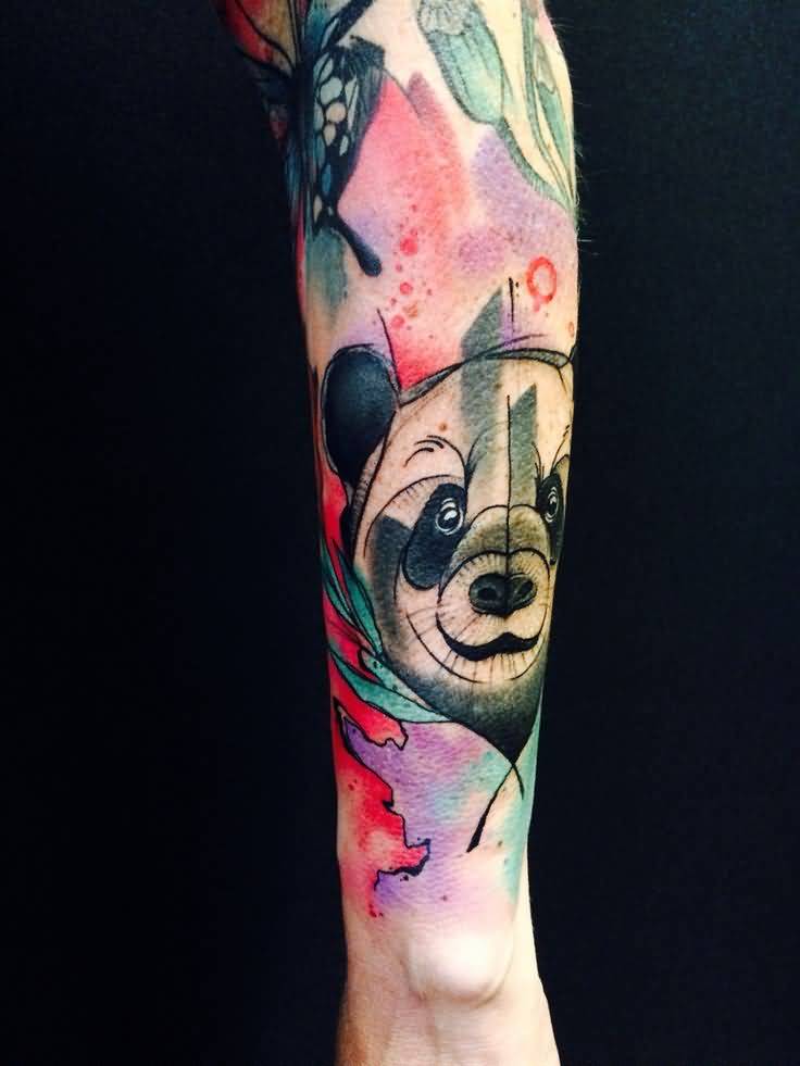 Cool Panda Face Watercolor Tattoo On Sleeve