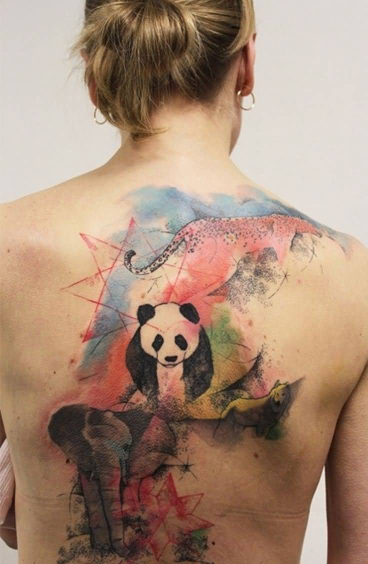 Cool Panda With Animals Watercolored Tattoo On Back For Girl