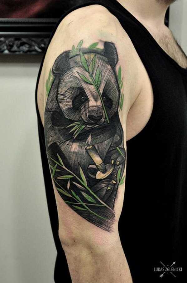 Creative Black Panda With Bamboos And Sword Tattoo By Lukas Zglenicki