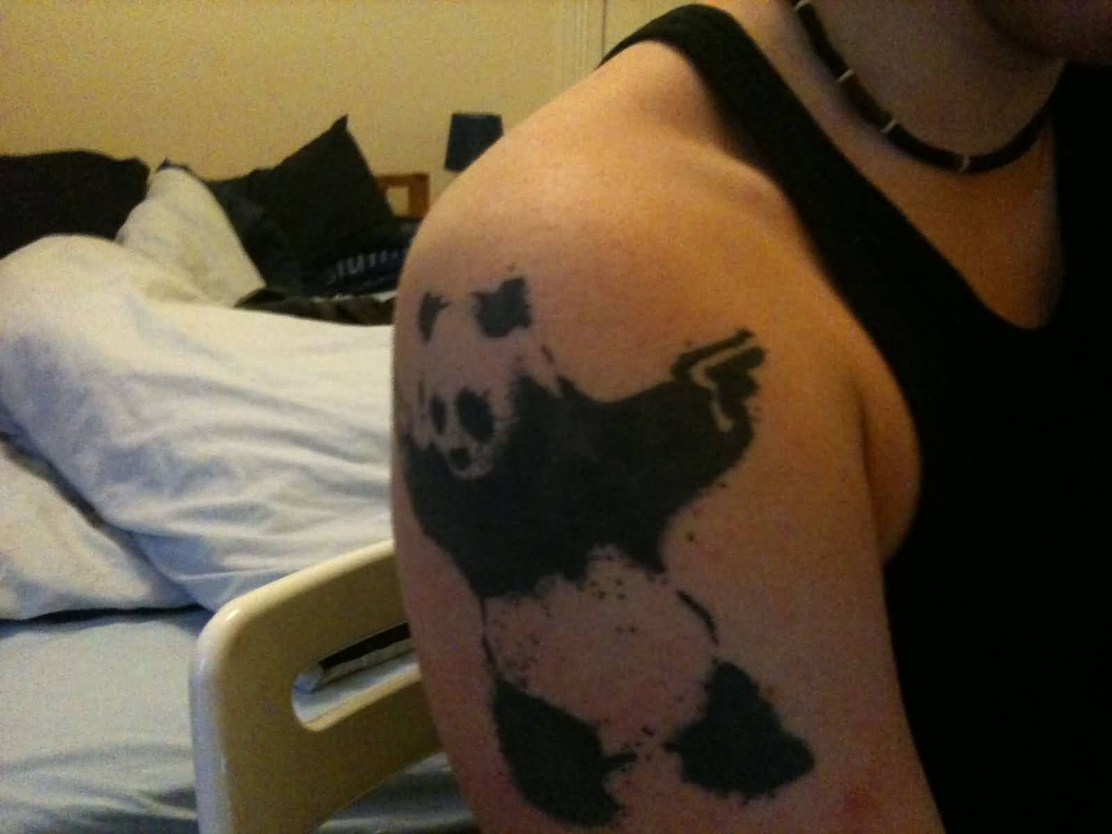 Criminal Panda Tattoo On Right Shoulder