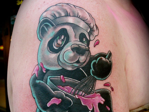 Cute Baby Panda Cooking Tattoo On Right Shoulder
