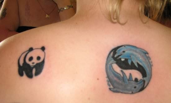 Cute Baby Panda With Whales In Circle Tattoo On Upper Back For Women