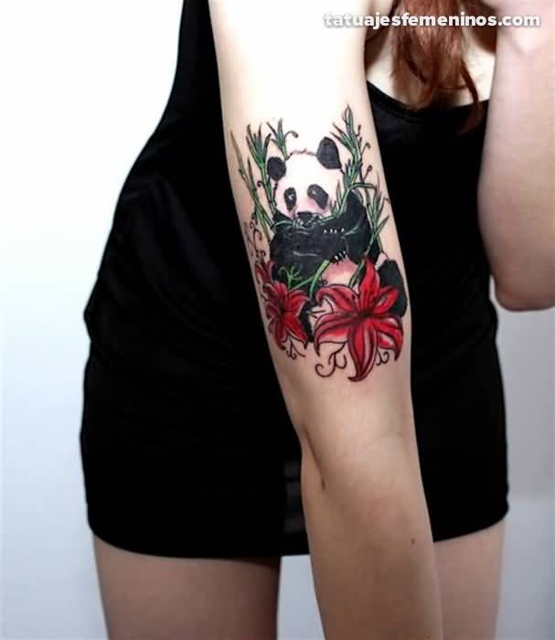 Cute Black And White Panda With Red Flower Tattoo On Half Sleeve