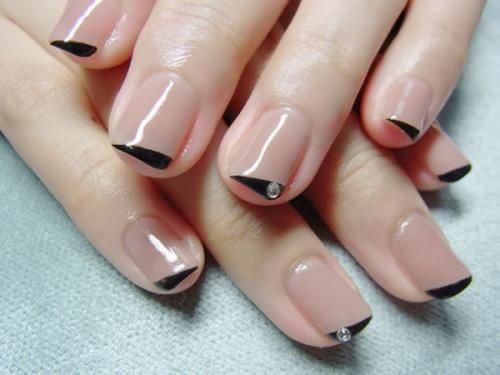 Cute Black French Tip Nail Art With Rhinestones Design
