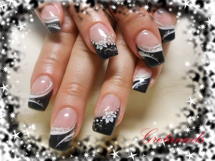Cute Black French Tip Nail Art With White Flowers Design