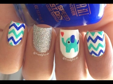 Cute Blue Elephant And Chevron Nail Art