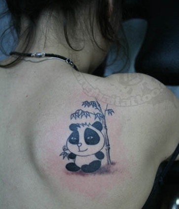 Cute Chinese Panda Tattoo On Right Side Of Upper Back