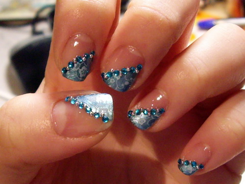 Cute Diagonal Flowers Design French Tip Nail Art With Blue Rhinestones