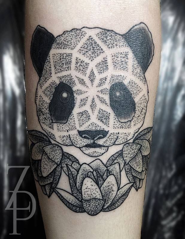 Cute Dotwork Panda Face Tattoo On Sleeve