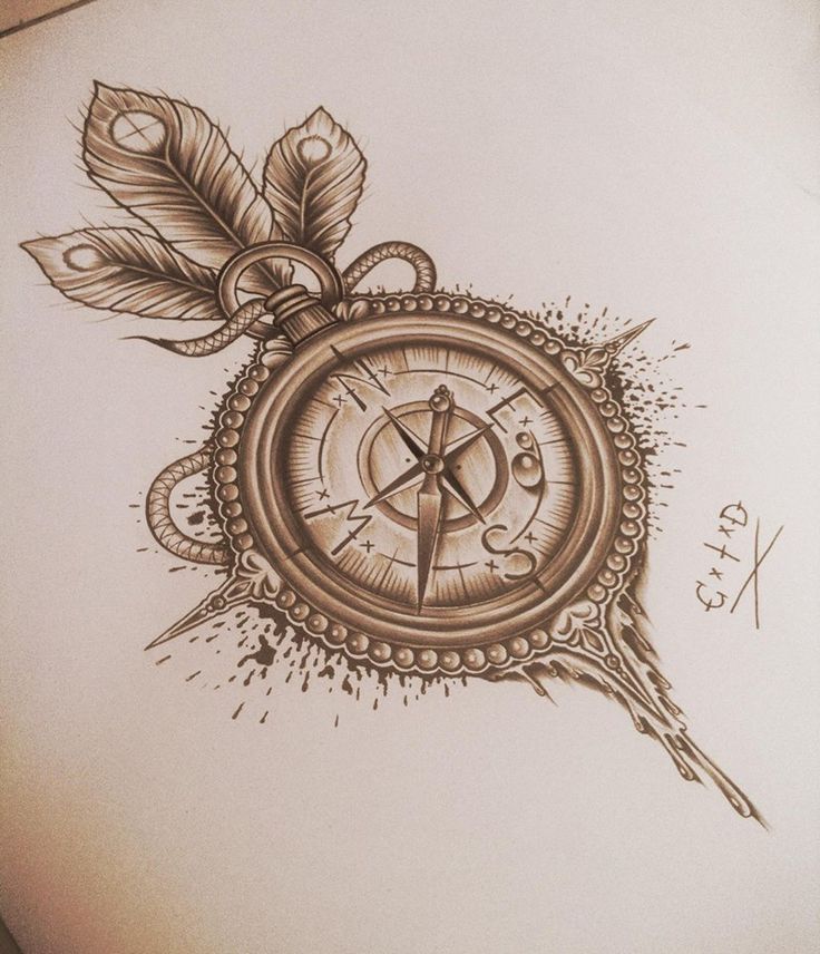 Cute Feathers And Compass Tattoo Design