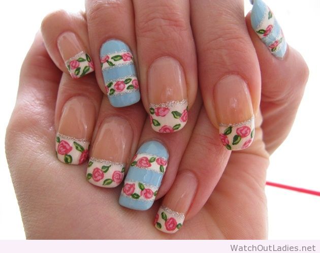 Cute Floral Design French Tip Nail Art