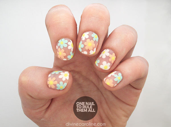 Cute Flowers Nail Art On Nude Nails