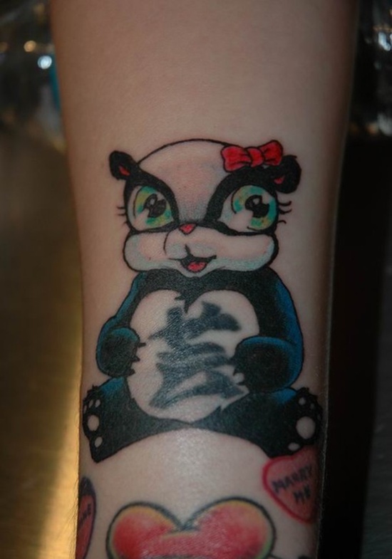 Cute Girl Baby Panda Tattoo With Red Ribbon And Heart Tattoo