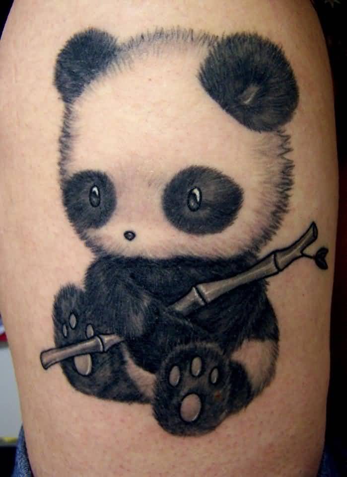 Cute Little Panda Holding Bamboo Tattoo