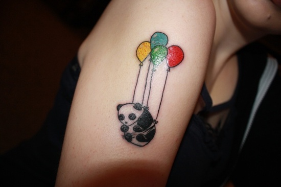 Cute Panda Flying With Colorful Balloons Tattoo On Half Sleeve