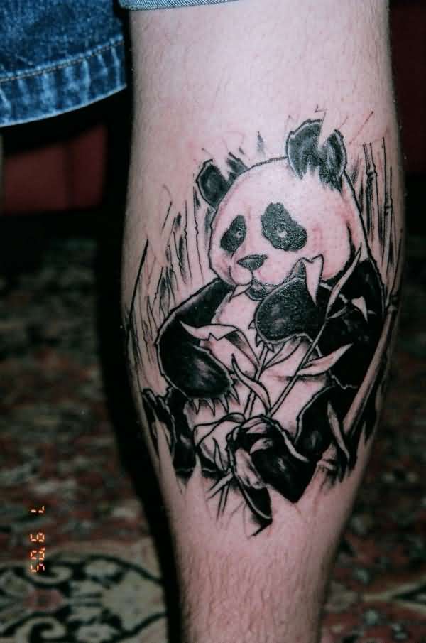 Cute Panda With Bamboos Tattoo On Arm Sleeve