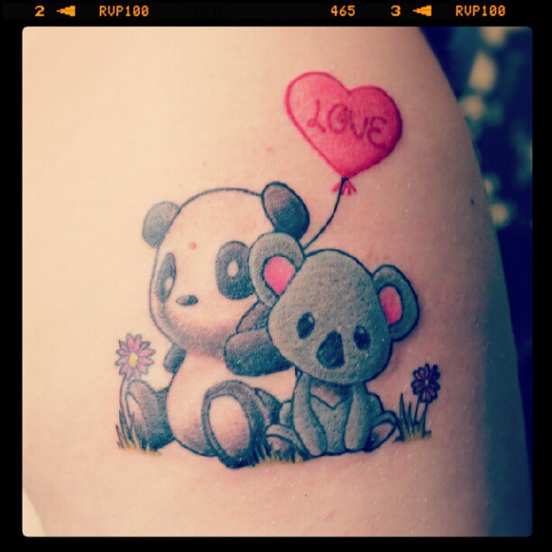 Cute Panda With Koala Sitting Holding Love Balloon Tattoo
