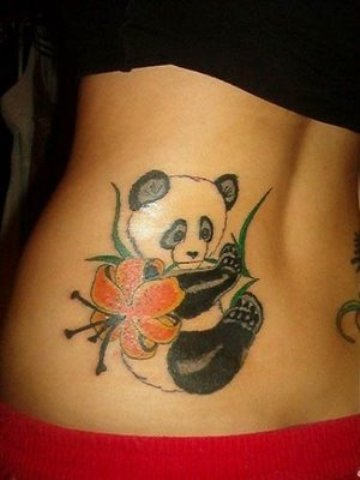 Cute Panda With Red Flower Tattoo On Lower Back